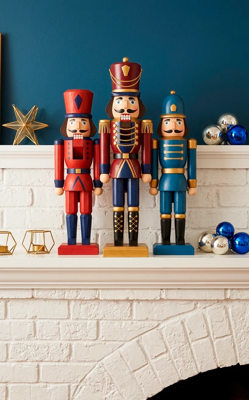 Three colorful vintage-style wooden nutcrackers on a white brick mantel.