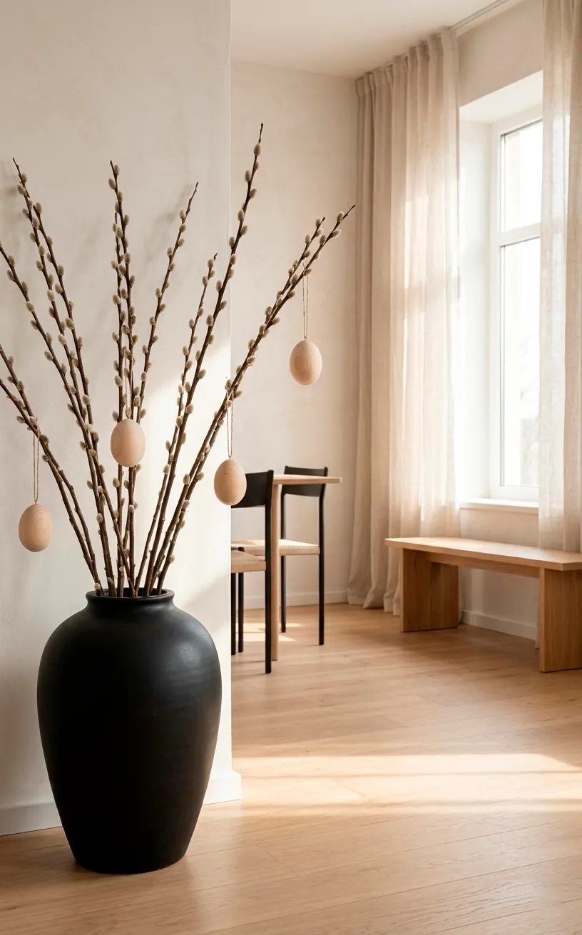 Minimalist Japandi floor vase with tall pussy willow branches and wooden egg ornaments in soft light.