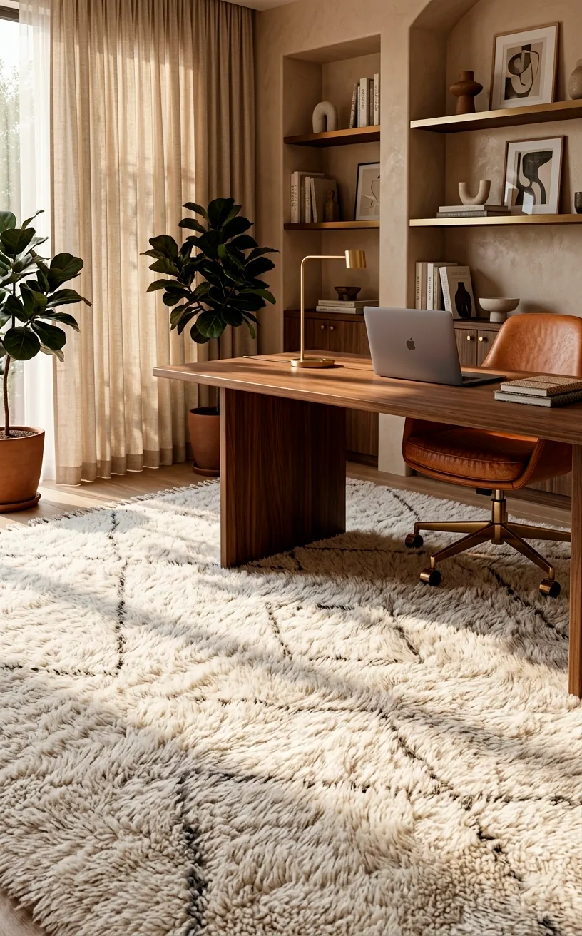 Luxurious ivory Moroccan shag rug in a modern home office with warm sunlight.