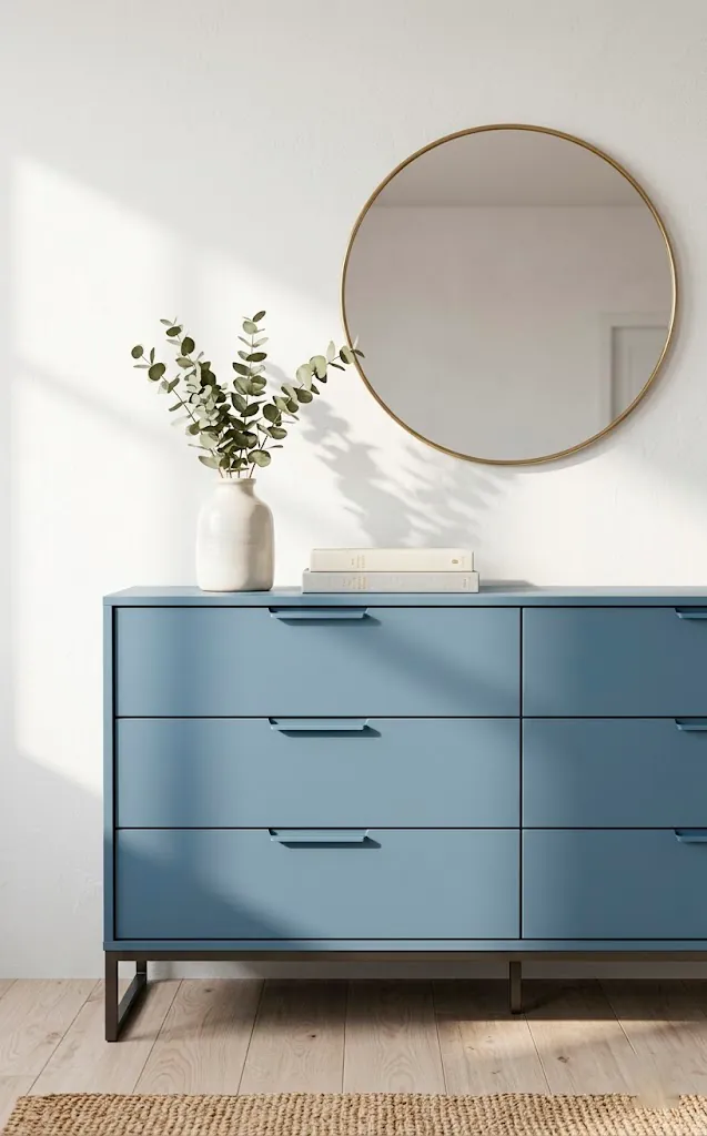 Sleek minimalist dusty blue dresser against a white wall with modern decor.