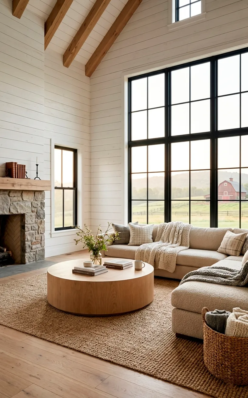 Bright farmhouse living room with neutral tones and large windows.