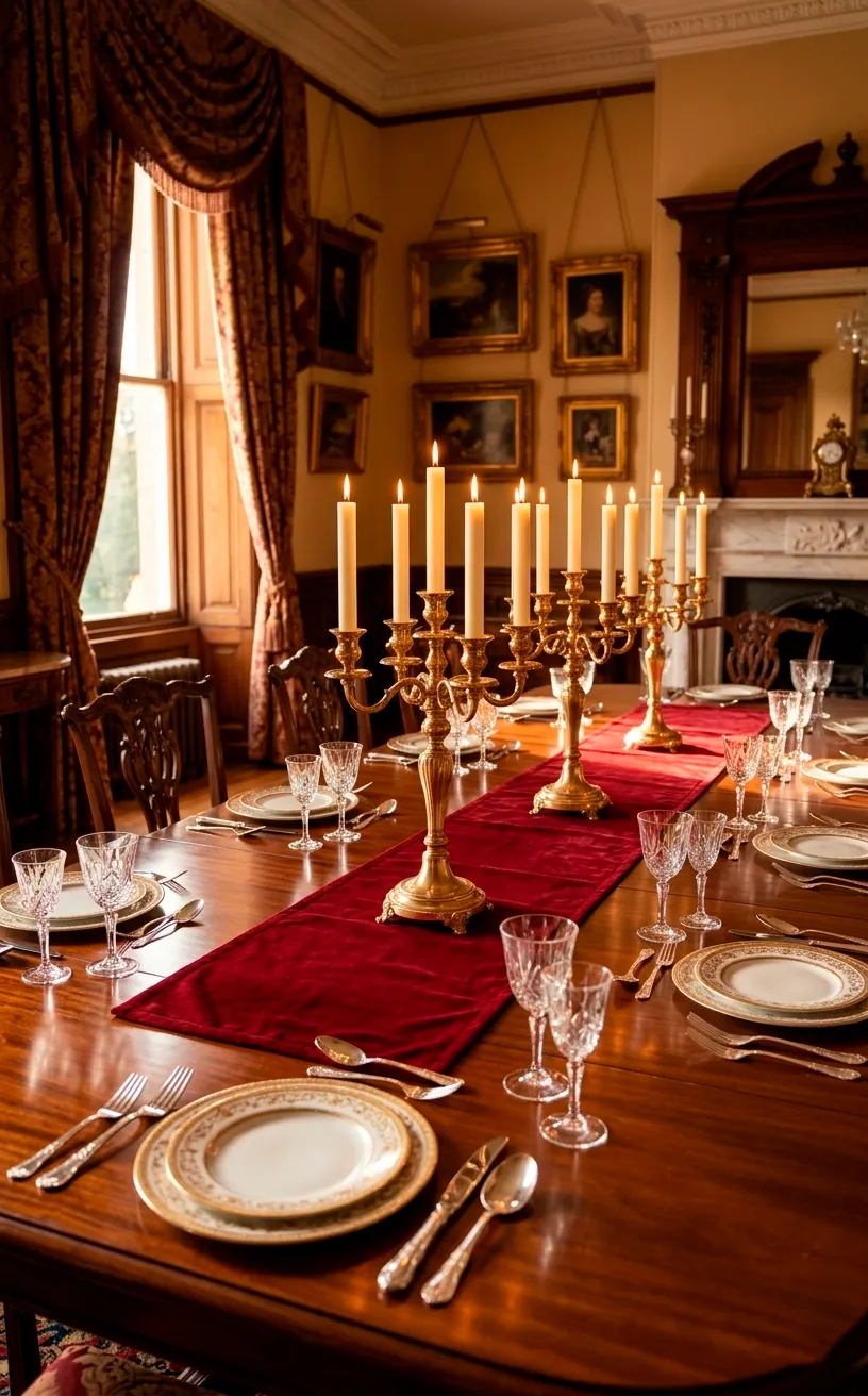 Long mahogany table with a red velvet runner and three gold pillar candelabras in a grand room.