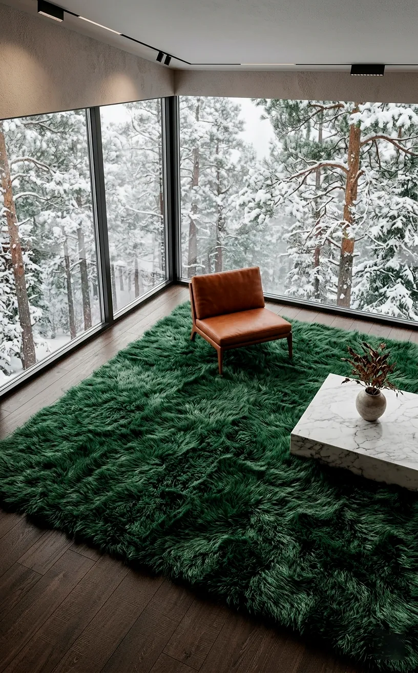 High-end living room with a giant plush forest green shag rug and snowy forest view.