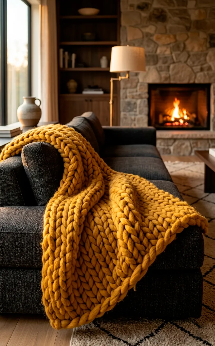 Large mustard yellow chunky knit throw draped over a dark grey sofa in a cozy living room.