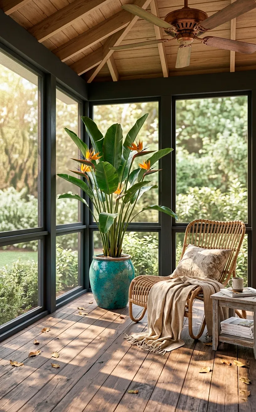 Large Bird of Paradise plant in a ceramic pot on a stylish screened porch.