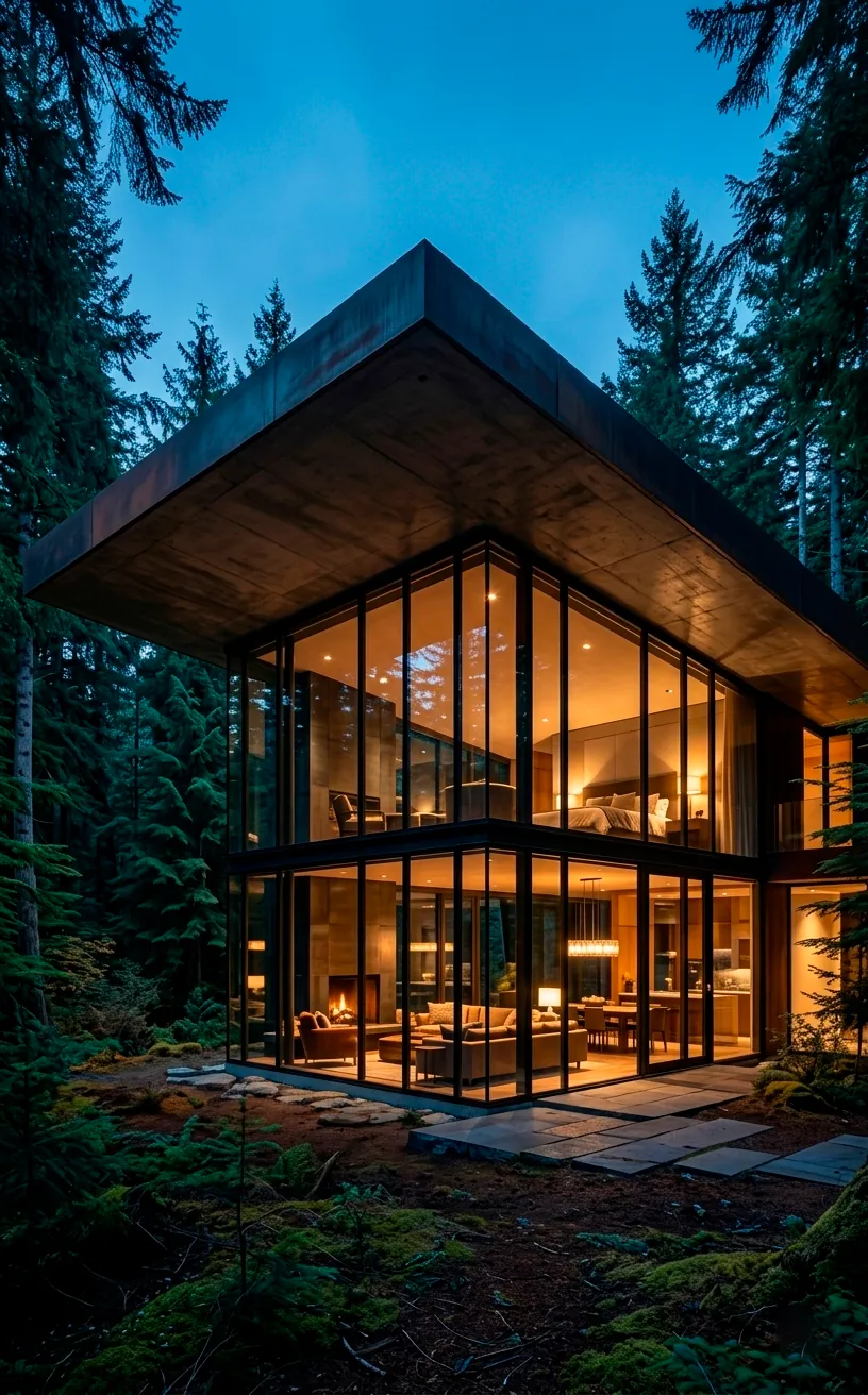 Modern house with a massive cantilevered flat roof and glass walls in a forest setting.