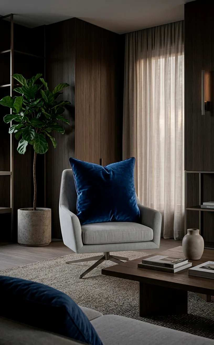 Large navy blue velvet square pillow on a grey armchair in a moody modern living room setting.