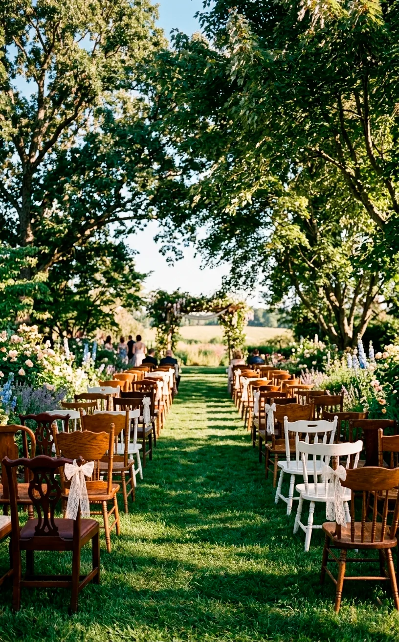 Mismatched vintage wooden chairs lining a wedding aisle in a sunny backyard garden.