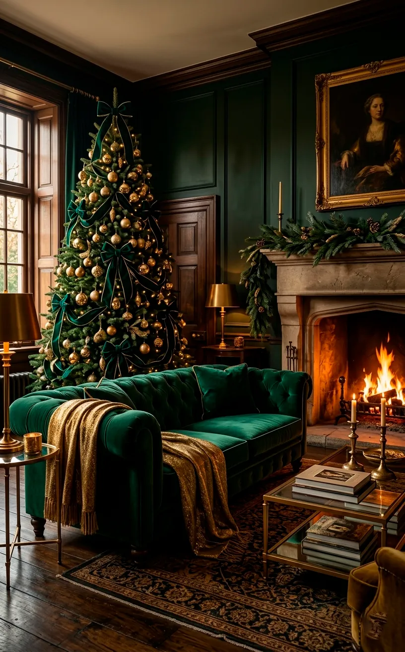 Moody living room with emerald green velvet sofa and matching holiday tree decorations in a luxe style.