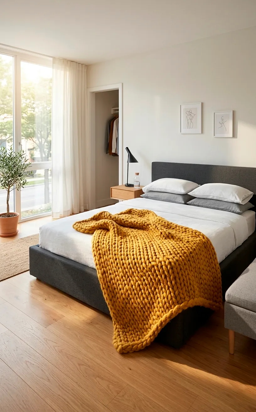 Chunky mustard yellow knit throw blanket draped over a dark grey bed in a sunlit modern bedroom.