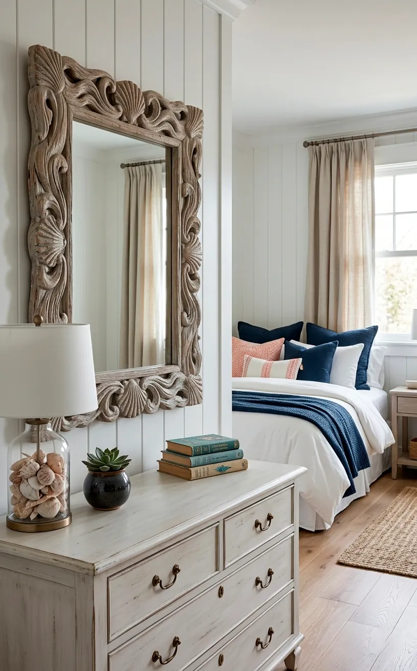 A beautiful coastal bedroom featuring a large driftwood mirror and white weathered dresser.