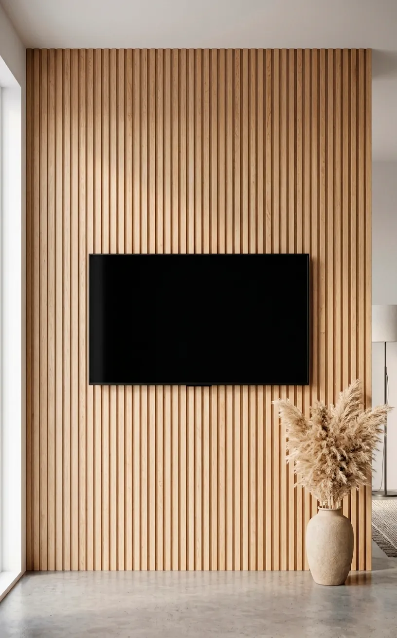 Sleek TV mounted on a light oak vertical slat wall in a modern living room.