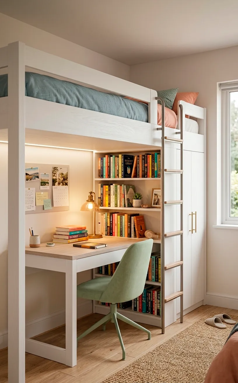 Modern white timber loft bed with integrated desk and bookshelves in a small kids room.