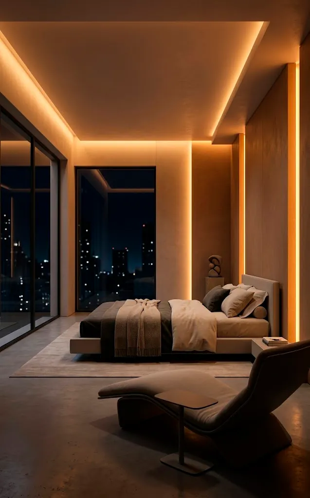 Futuristic bedroom with hidden AI-adaptive amber lighting and minimalist architectural design.
