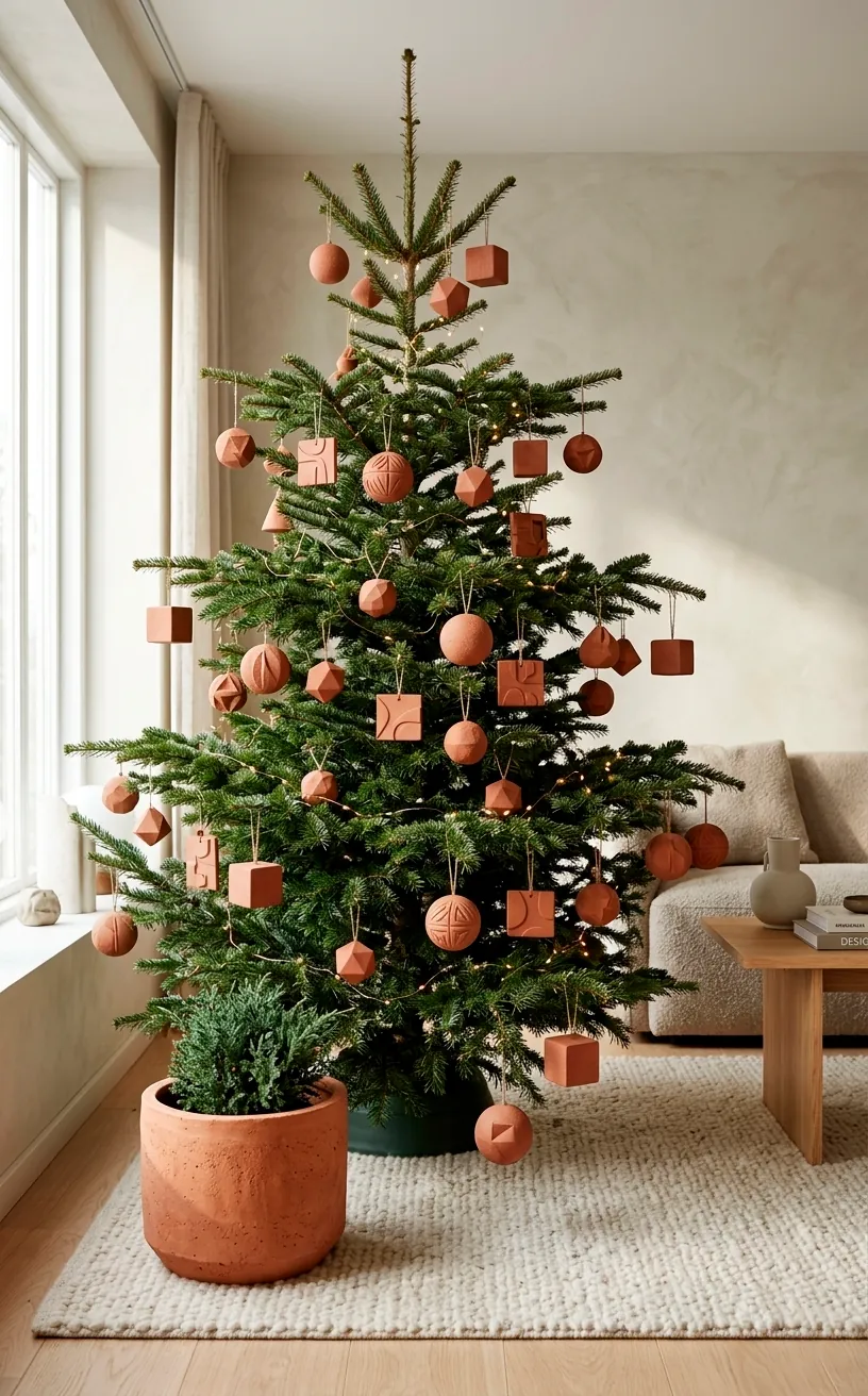 Modern Christmas tree decorated with matte terracotta clay ornaments in a bright room.