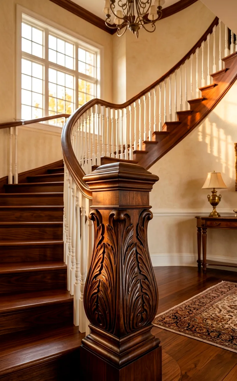 Hand-carved acanthus leaf newel post in dark walnut wood on a traditional grand staircase.