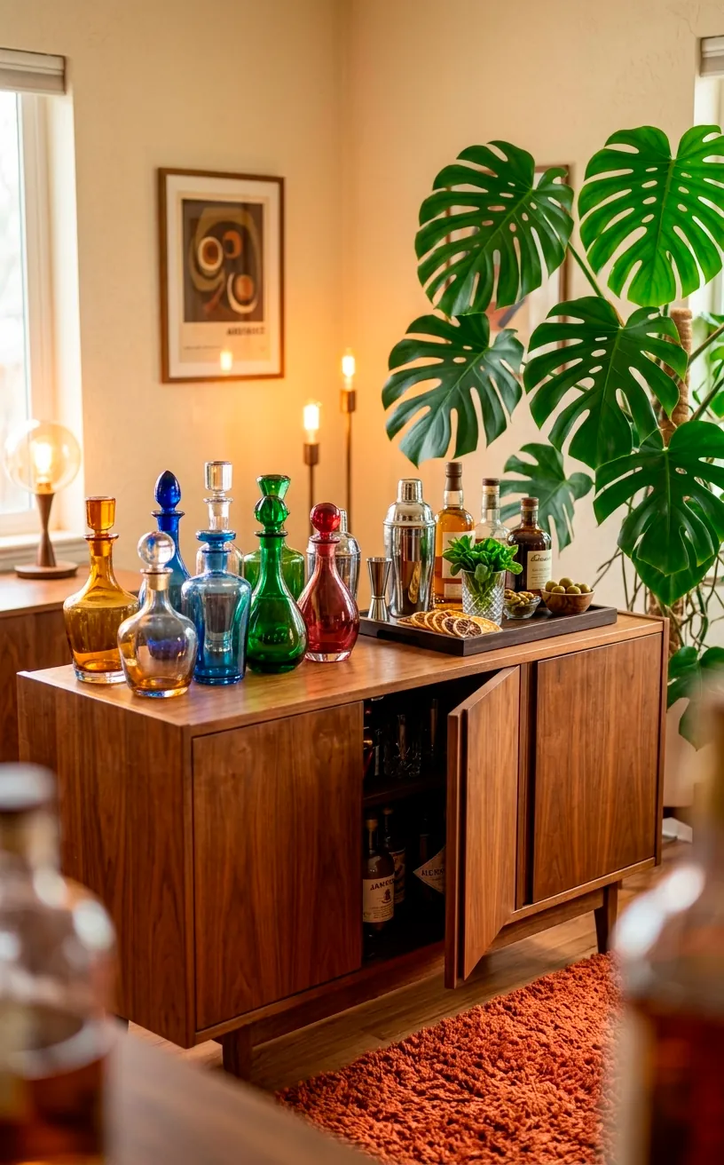 Mid-century modern walnut mini bar credenza with vintage glassware and orange rug.