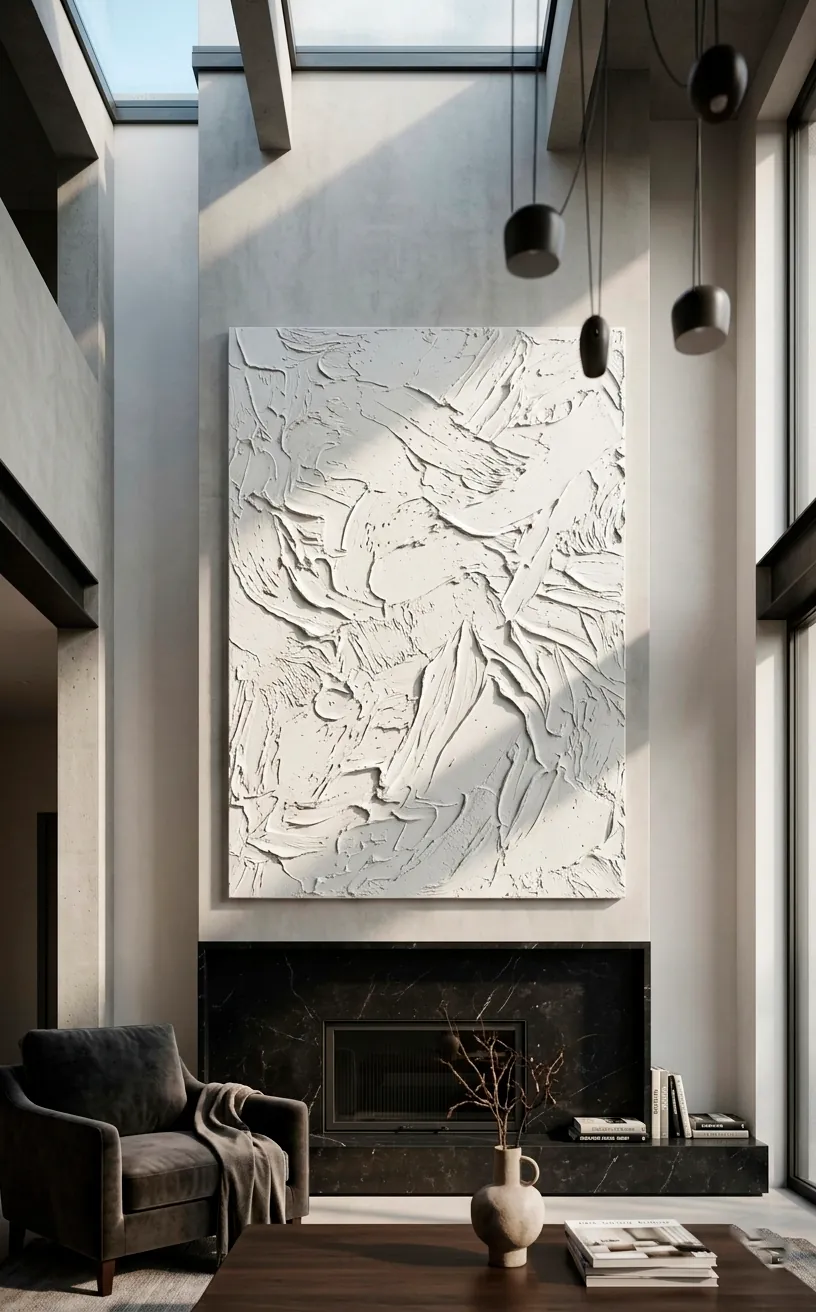 Massive white textured abstract painting over a black marble fireplace in a sunlit modern room.