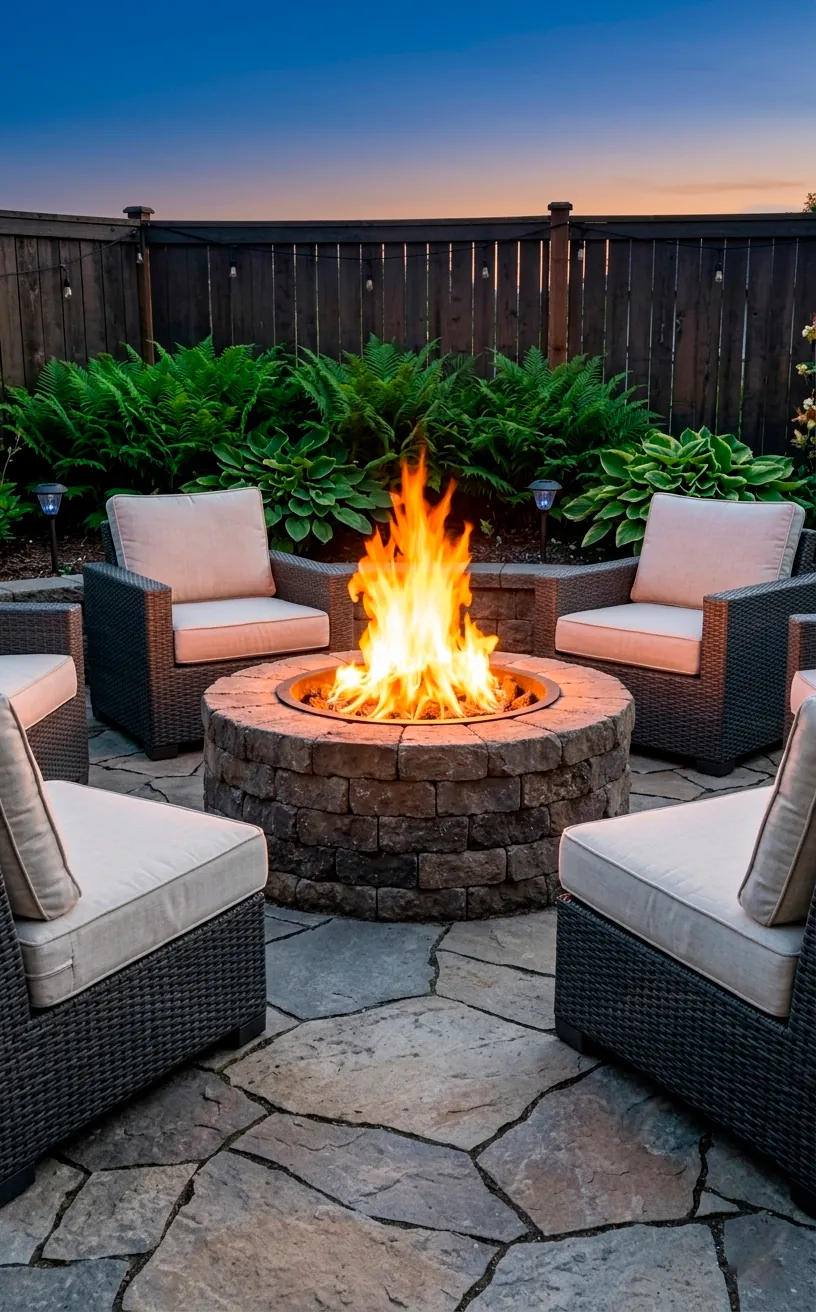 Modern stone fire pit with glowing flames and luxury seating on a flagstone patio.