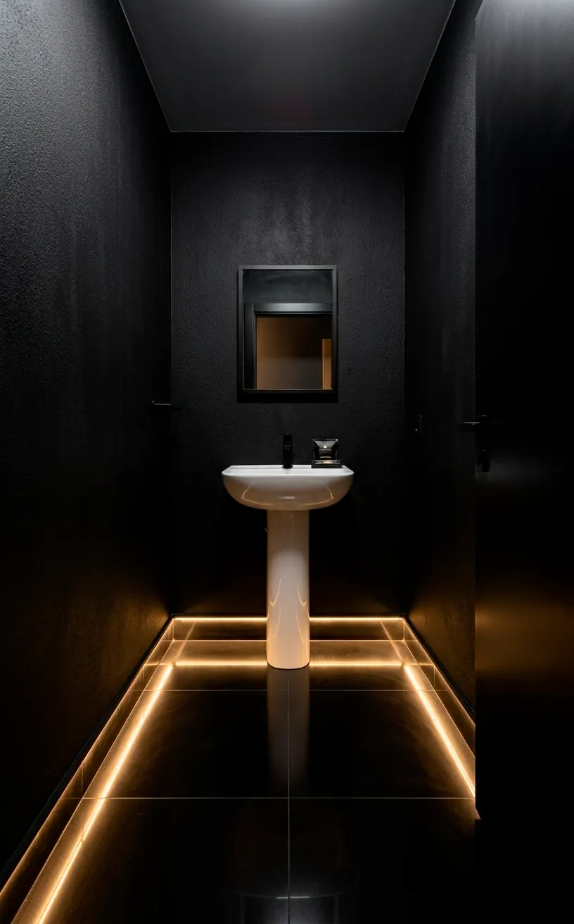 Moody black powder room with dark walls and white pedestal sink for a dramatic interior look.