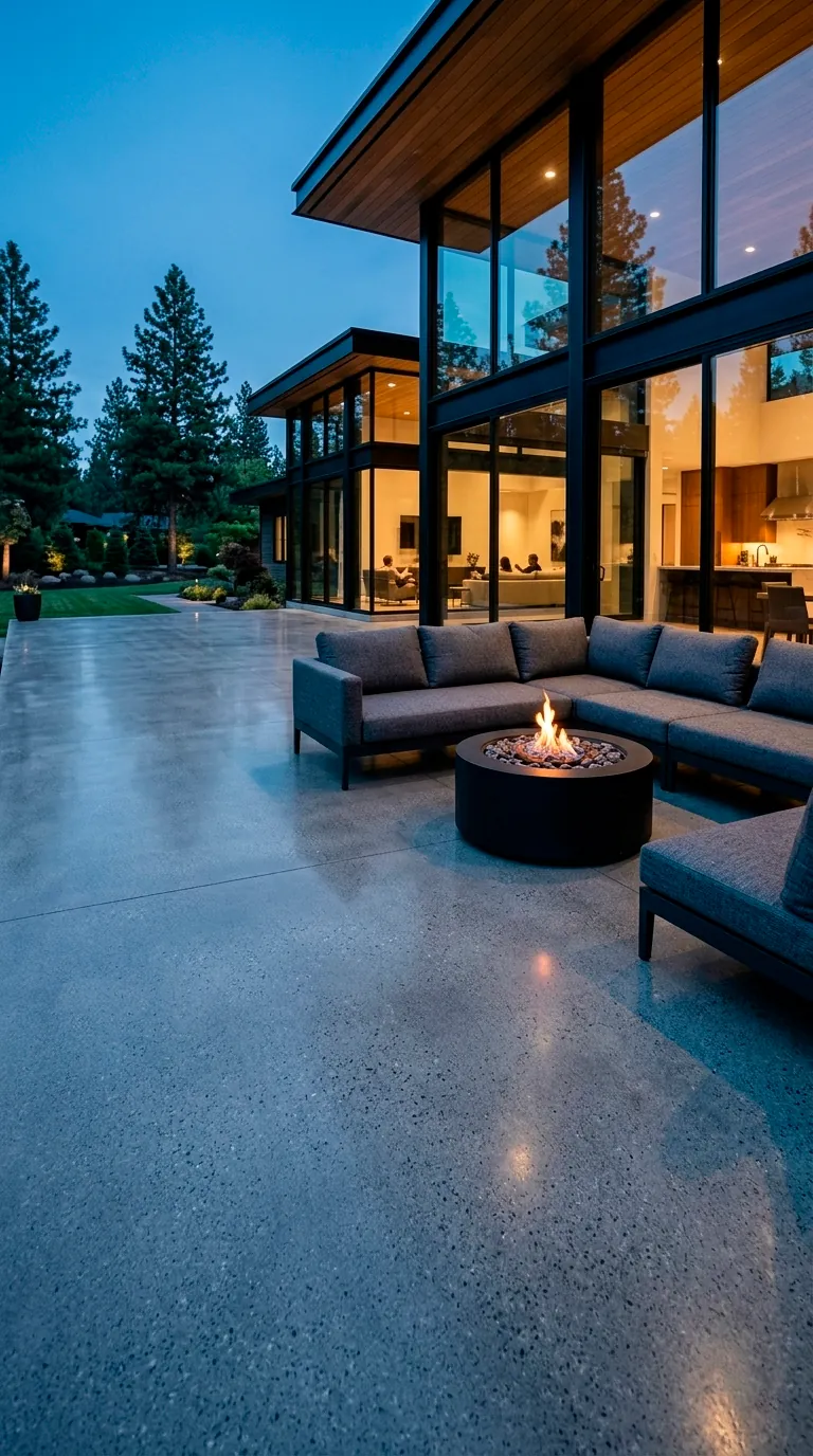 Sleek polished concrete patio with charcoal sectional and black fire bowl.