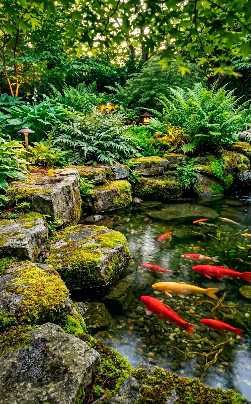 Jagged granite rock edging surrounding a clear pond with red and gold koi fish.
