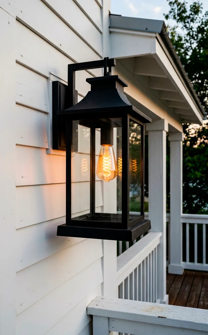Oversized matte black exterior lantern with an Edison bulb mounted on a pristine white porch wall.