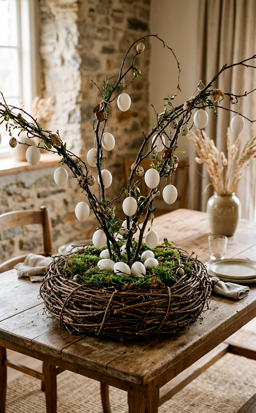 Woven grapevine nest base holding dark branches and white eggs on a table.