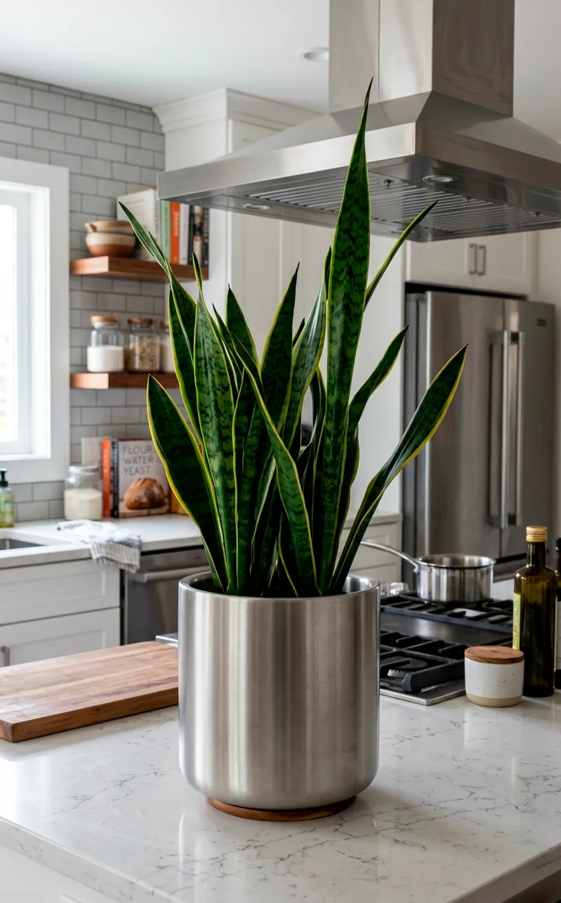Sleek double walled stainless steel self watering pot on a kitchen counter.