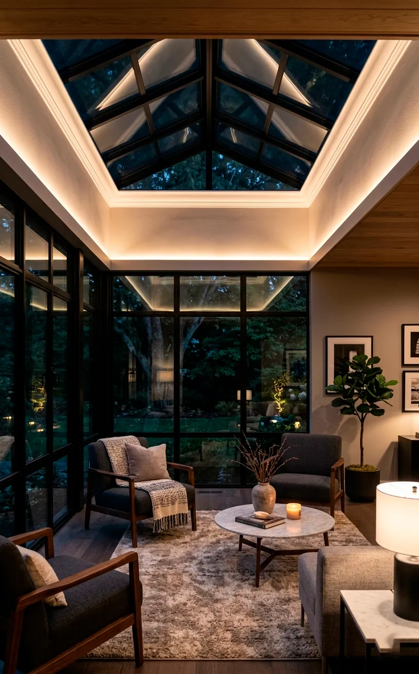 Warm white LED cove lighting illuminating gray walls in a modern sunroom at night.