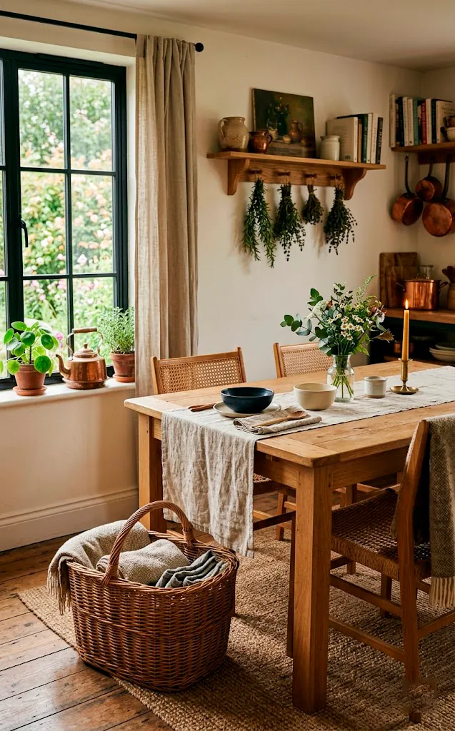 Neutral linen table runner and wicker basket in a Scandinavian kitchen.