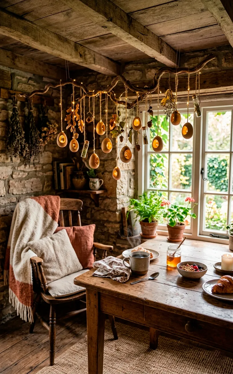 Suspended oak branch canopy with hanging wooden eggs over a breakfast table.