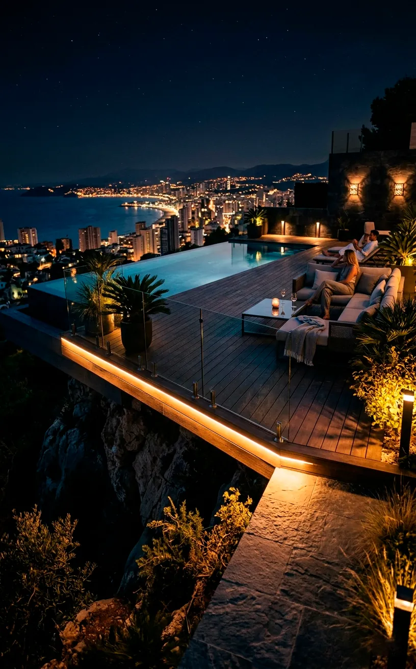 Waterproof LED strip lighting glowing under the lip of an infinity edge patio at night.
