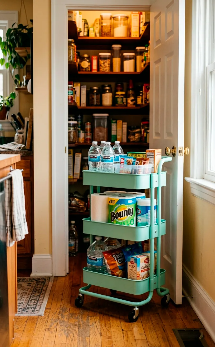 Slim three-tier mint green rolling utility cart securely holding bulky pantry overflow items just outside the open door.