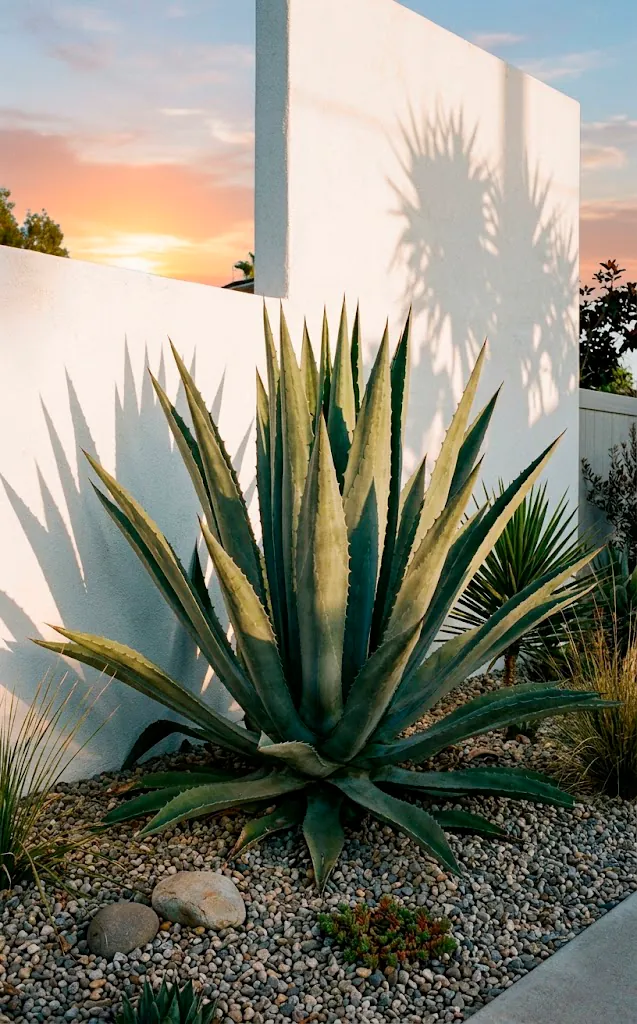 Massive Agave americana plant in a minimalist gravel bed casting shadows.