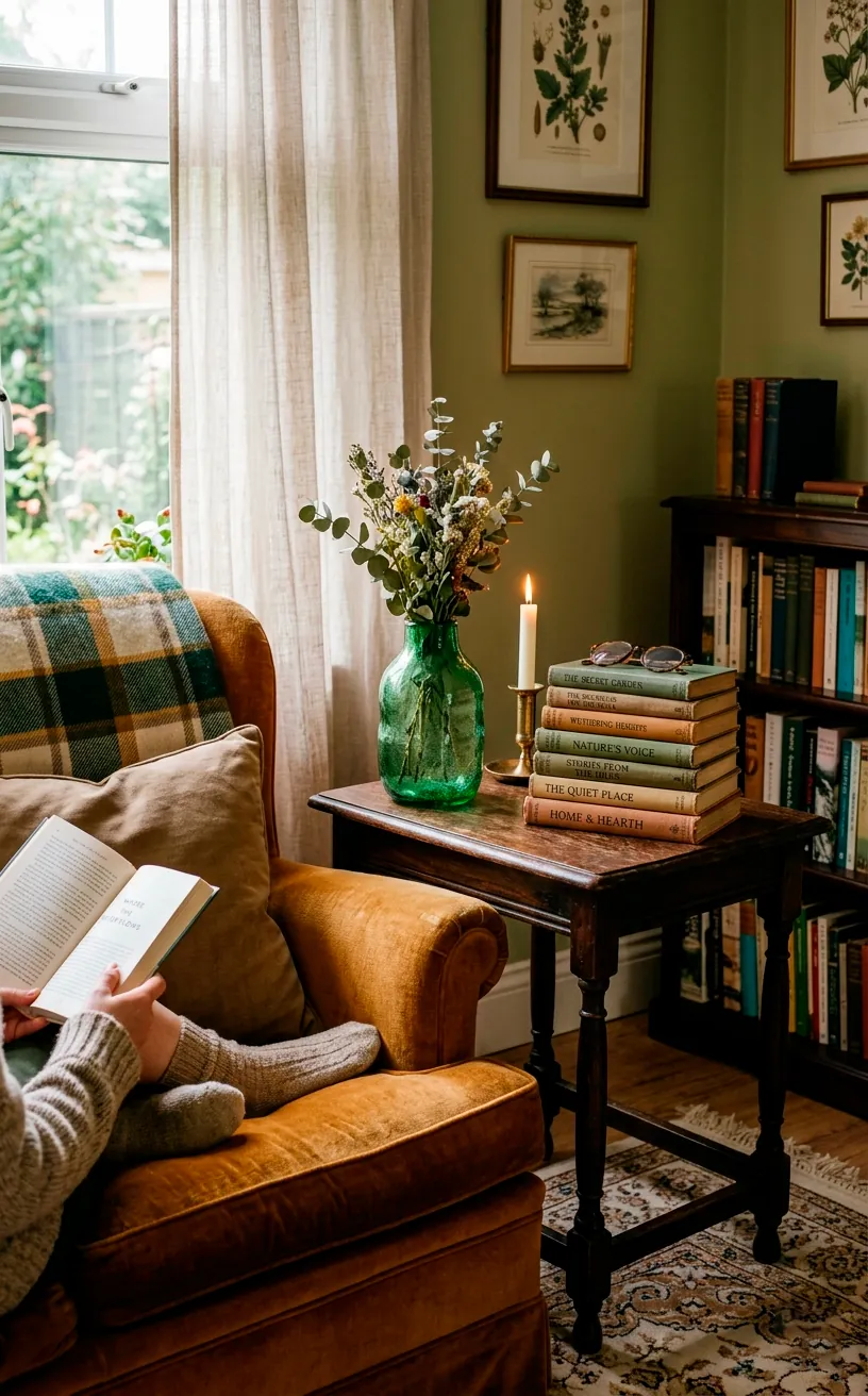 Cozy reading corner side table featuring a handmade upcycled green glass vase and stacked vintage books.