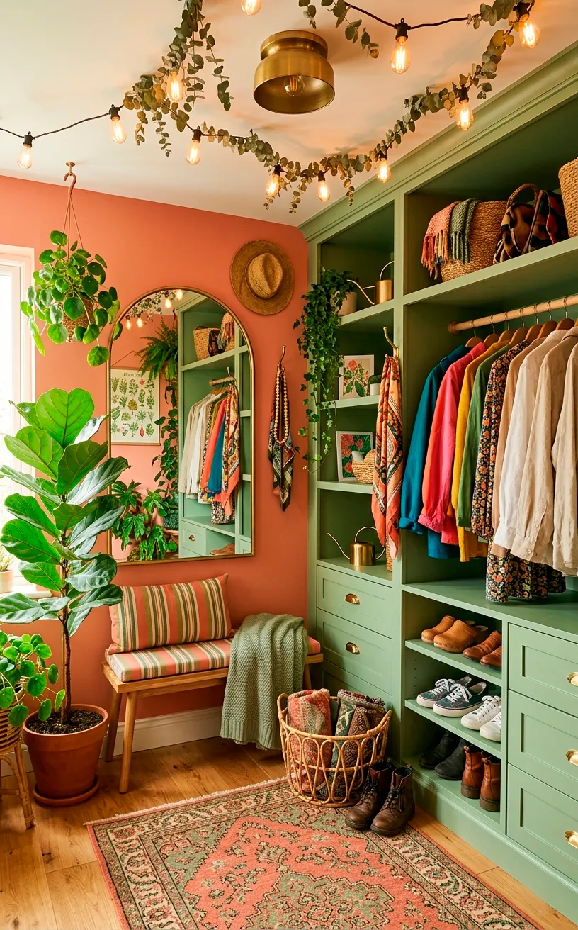 Playful dressing room featuring sage green cabinetry and a muted coral accent wall