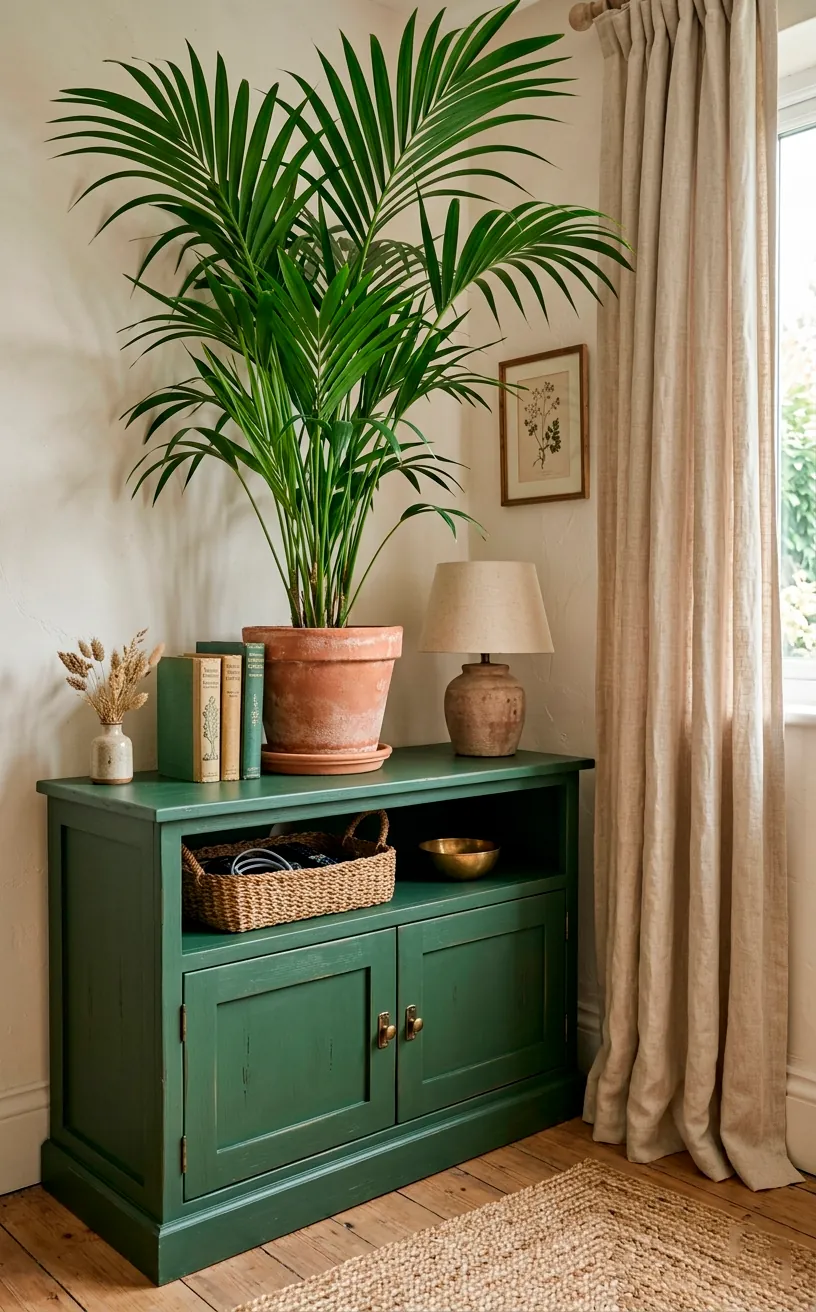 Forest green media console surrounded by natural linen drapery and lush plants.
