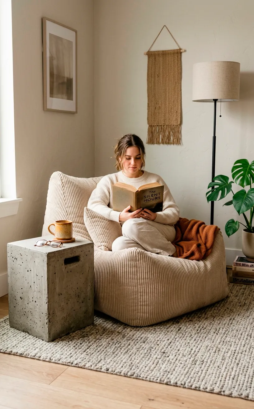 Structured beige corduroy memory foam bean bag chair paired with a brutalist concrete side table.