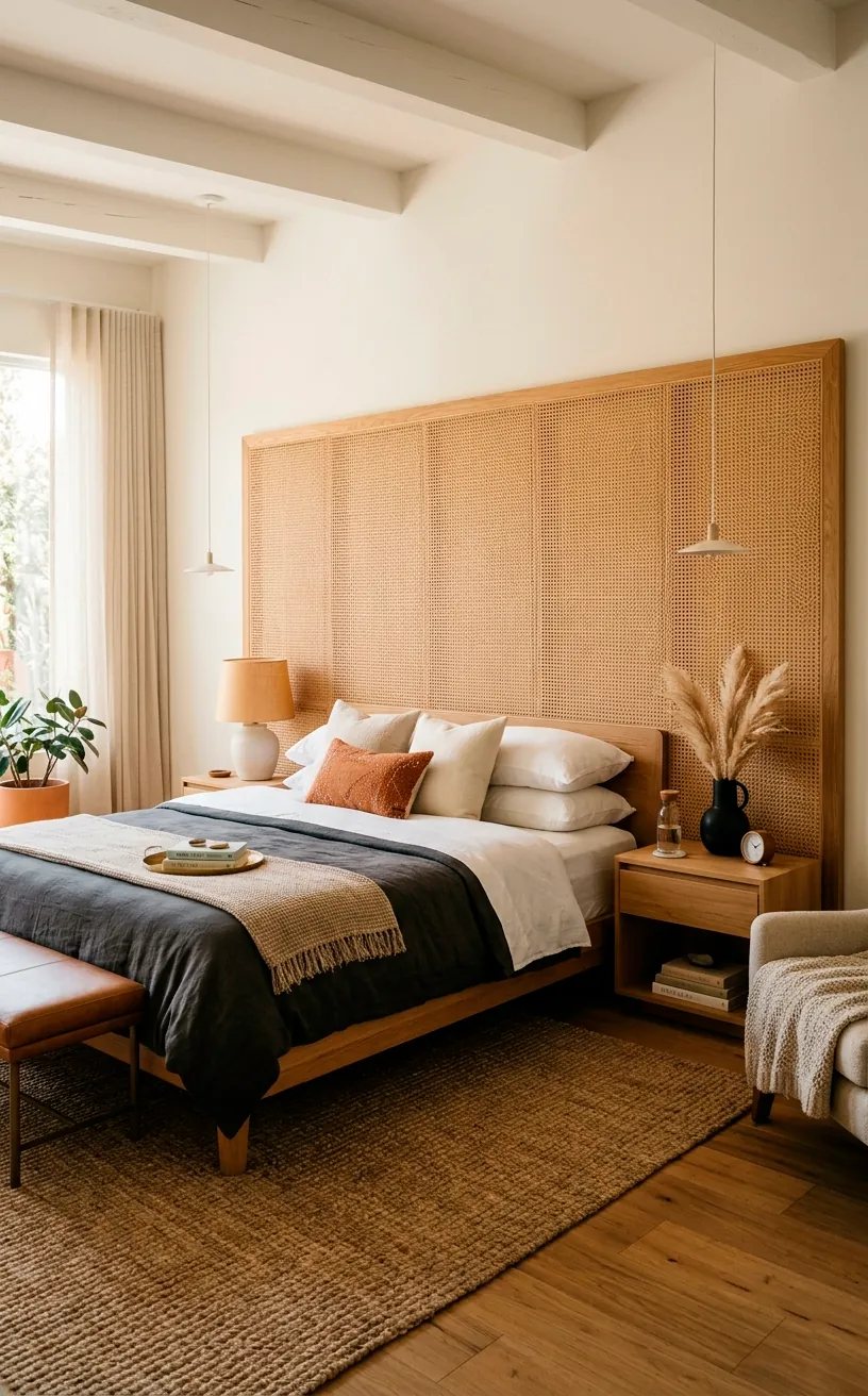 Oversized statement rattan cane panel headboard stretching far beyond the mattress width in a spacious bedroom