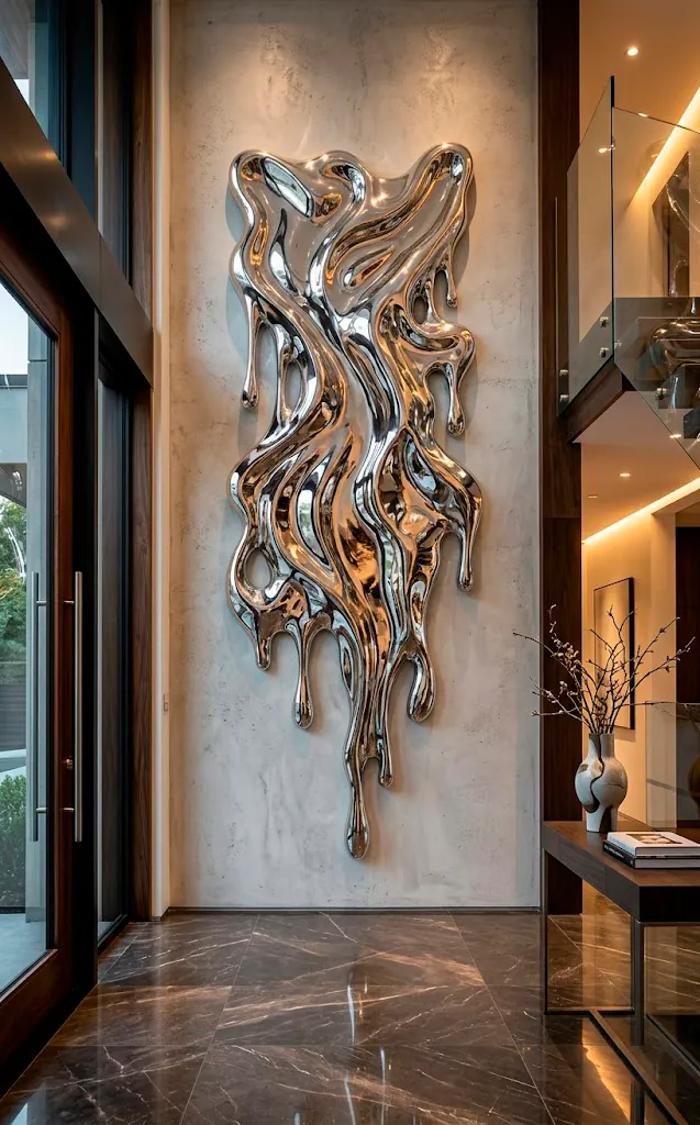 3D metallic silver liquid mercury wall sculpture reflecting light in a modern hallway.