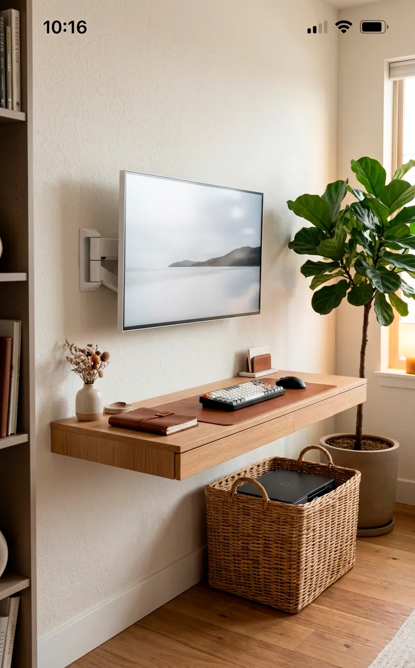 Clean modern desk setup with hidden cables and an articulated monitor arm