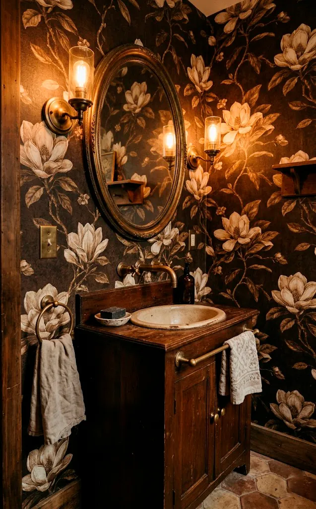 Vintage powder room with sepia-toned magnolia wallpaper and brass fixtures