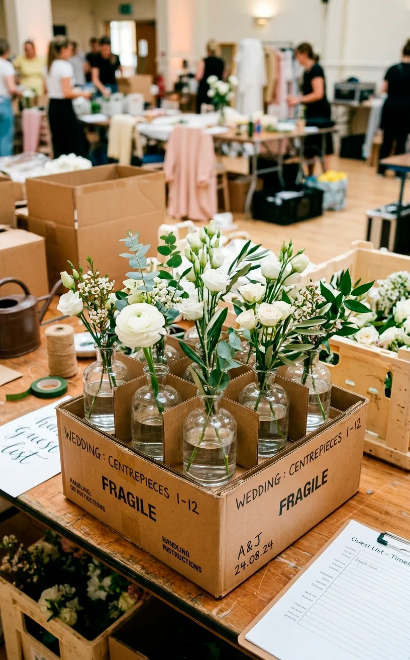 Cardboard box holding multiple pre-filled water vases for wedding setup