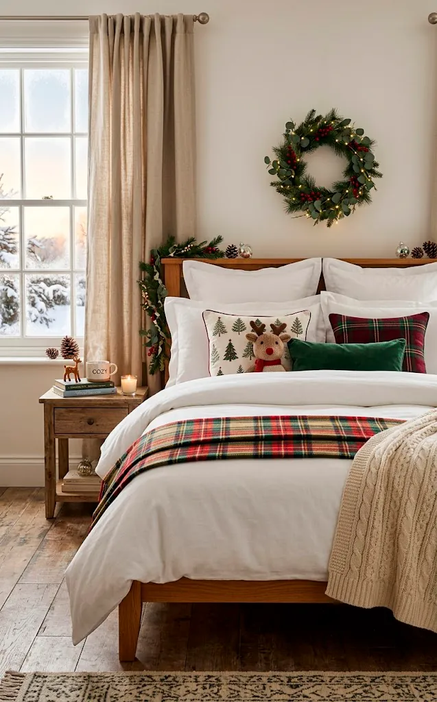Perfectly made layered holiday bed with fluffed pillows and smooth duvet.
