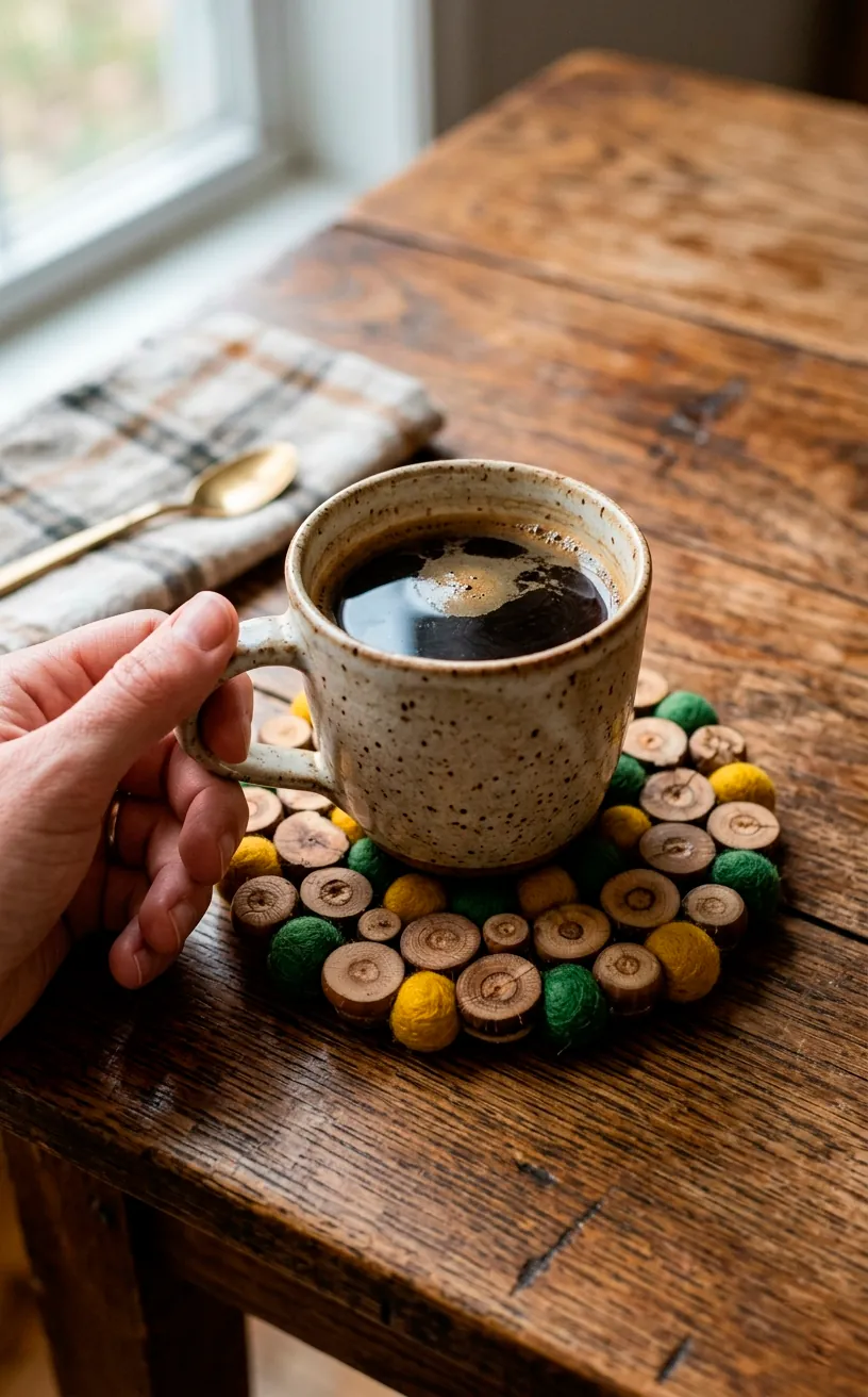 Round coaster made from sliced acorns and colored wool felt balls on a wooden table.
