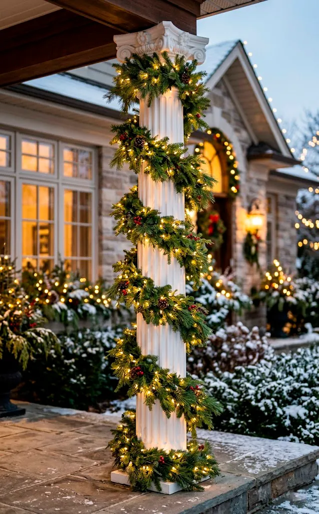 White porch column wrapped in pine garland and glowing string lights