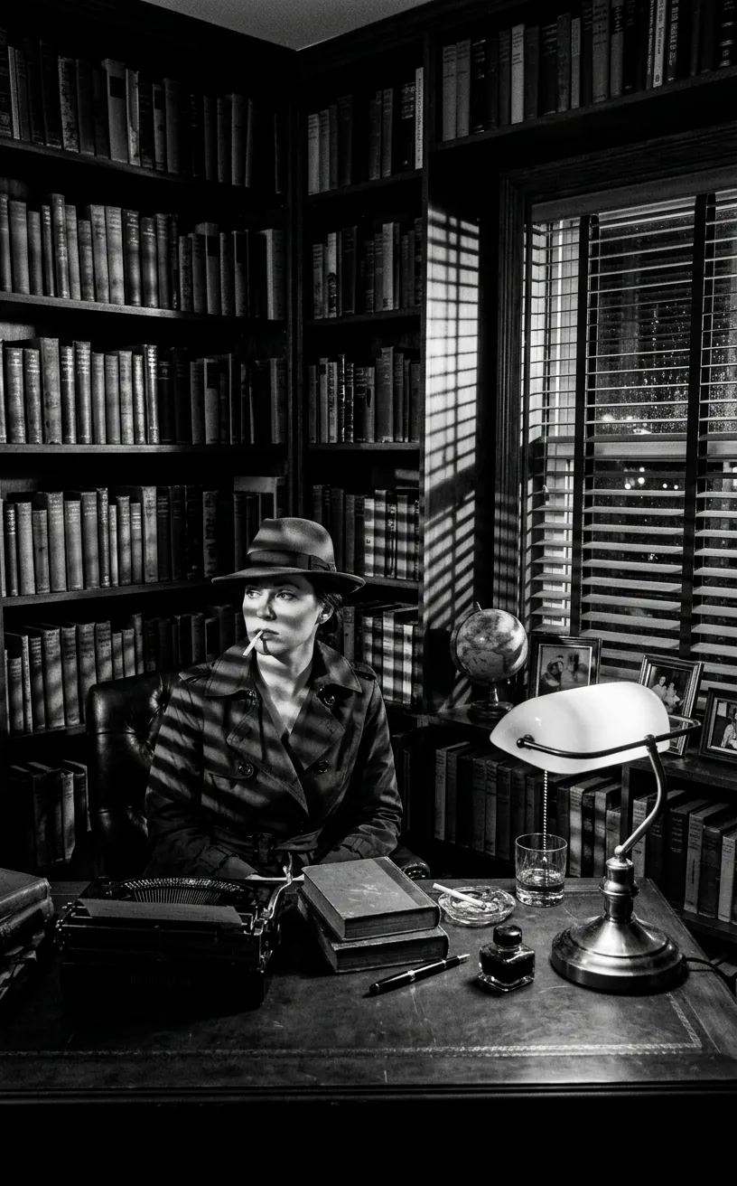Film noir style black and white portrait in a moody home library.