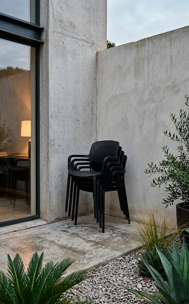 Modern matte black molded resin chairs stacked neatly in the corner of a minimalist patio.