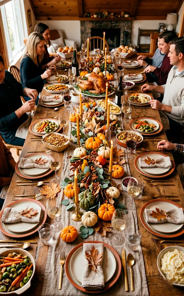 A beautifully set Thanksgiving table featuring a linen runner, succulent centerpiece, and scattered mini pumpkins.